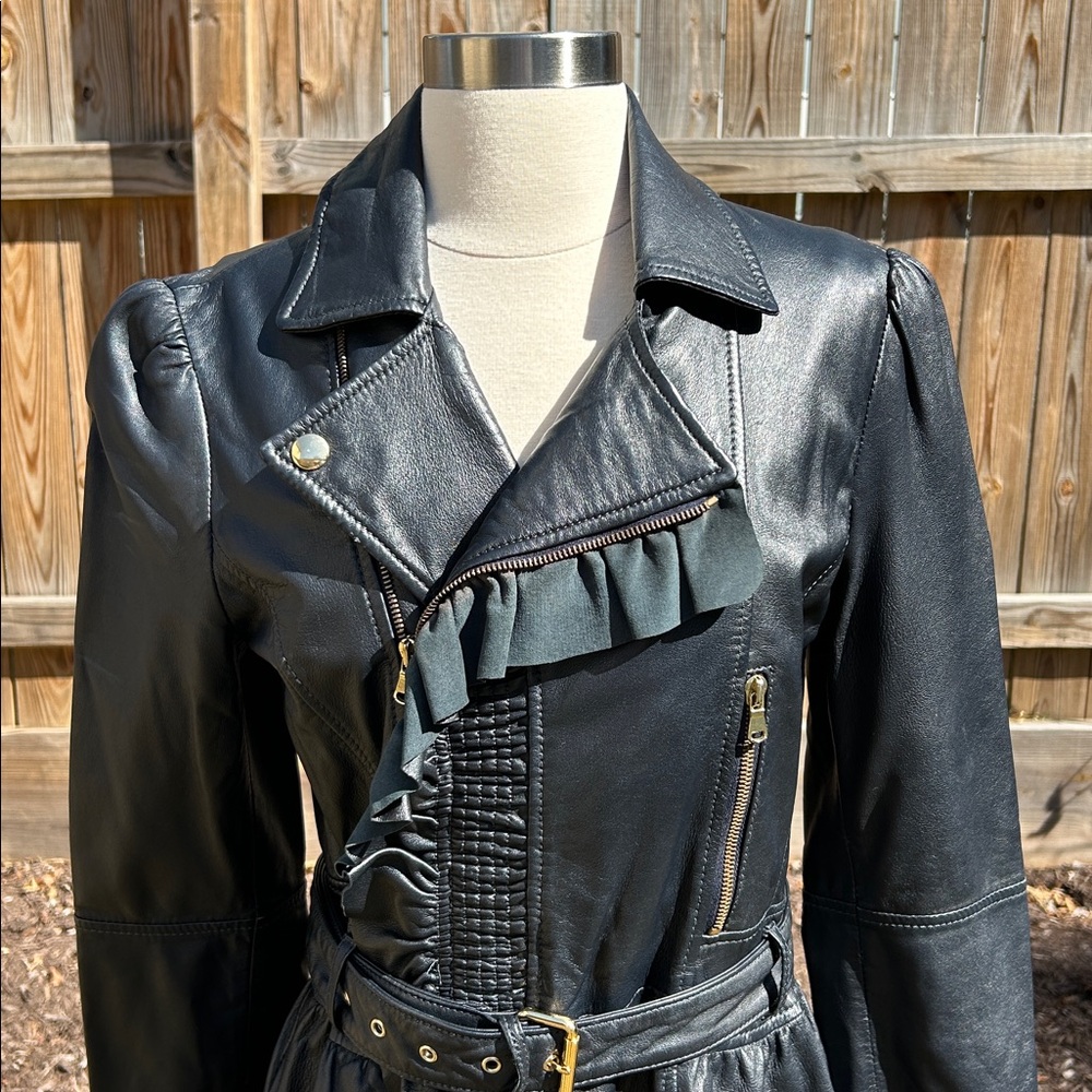 RED Valentino Black Leather Trench Jacket with Ruffle Detail and Belt 44/US 8 - Picture 2 of 14